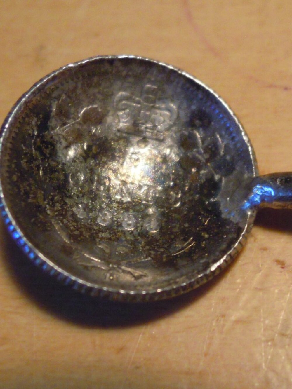 Antique Sterling Silver salt spoon 1880 5 cent coin Canada Victorian-era